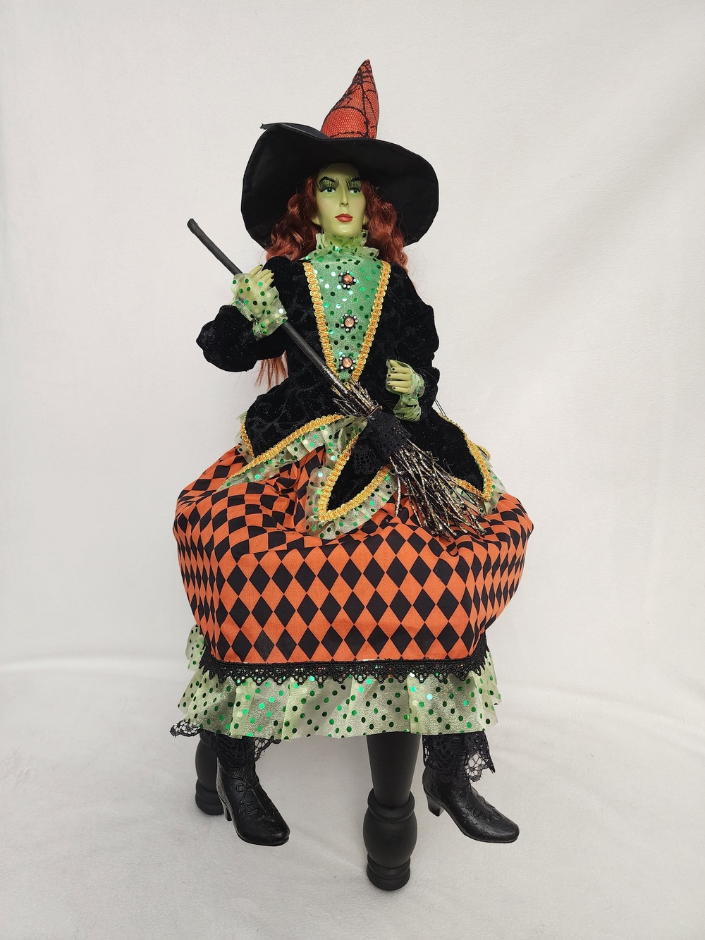Witch Doll Sitter - Orange & Black with Green Accents 25" Inches